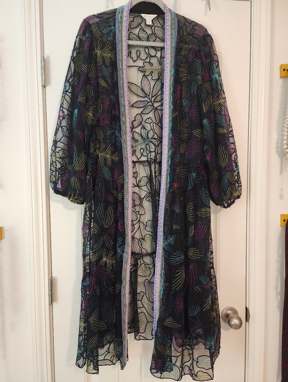 Cato Navy Multicolored Sheer Lace Ruffled Kimono Embroidered 18/20 Open Front